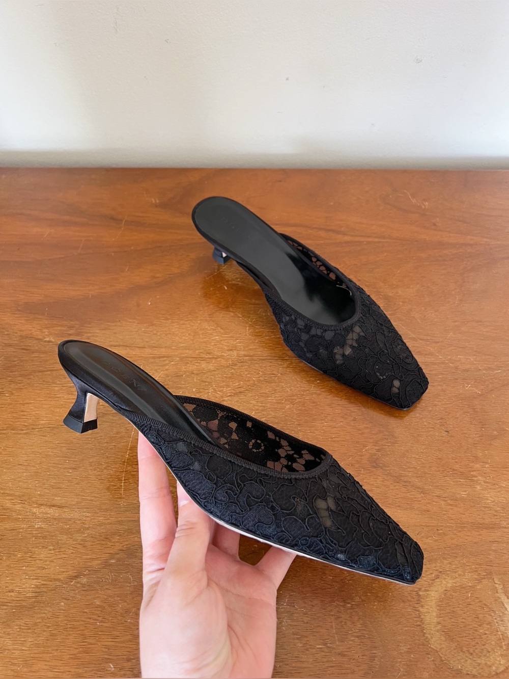 Doen • Luma Heel black lace mules kitten heel snip toe satin slides